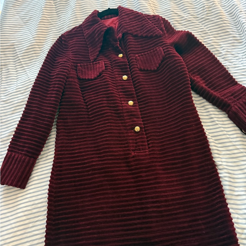 Vintage 70s Burgundy Ribbed Mini Dress with Gold Buttons